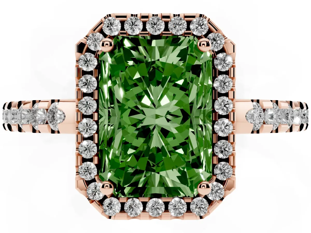 Fancy Green Radiant Cut Diamond Halo Engagement Ring with Pavé Band and Prong Setting Rose gold