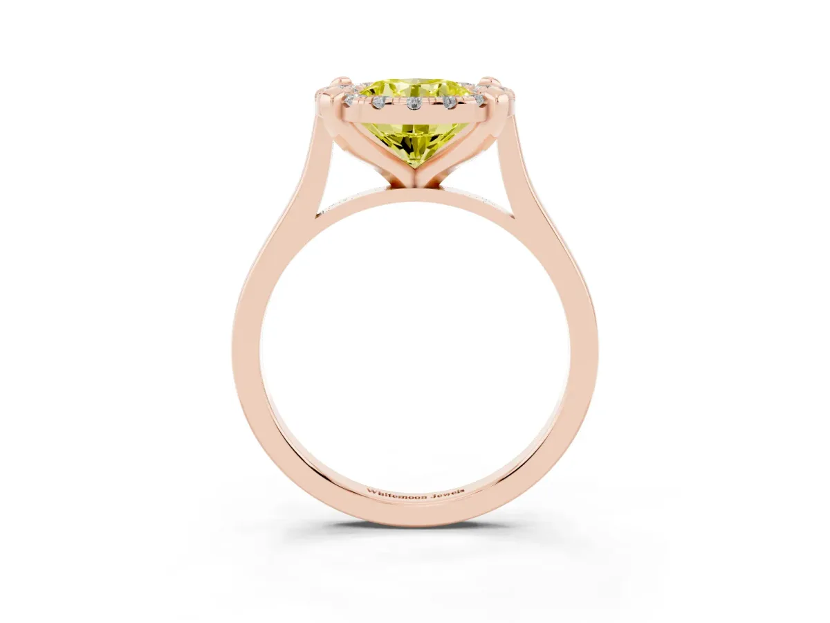 Fancy Yellow Round Cut Diamond Cluster Halo Solitaire with Four-Prong Setting Rose gold