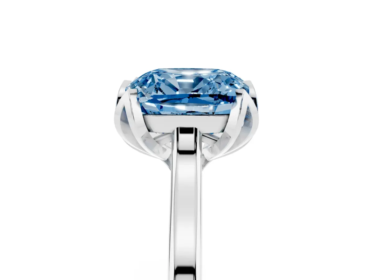 Fancy Blue Cushion Cut Diamond Solitaire Ring with Flower Prong Setting and Classic Band Silver