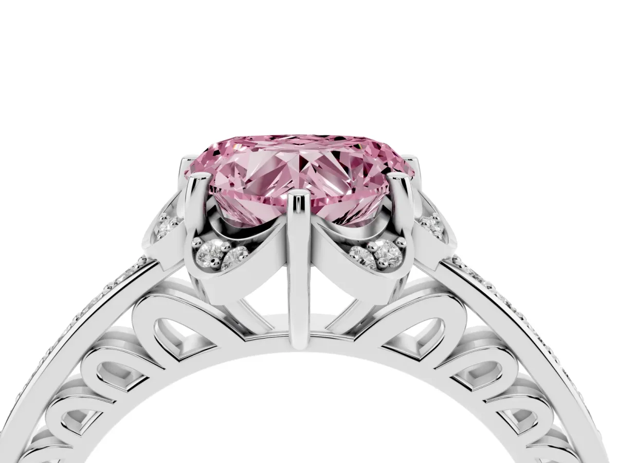 Fancy Pink Heart Cut Cut Halo Diamond Ring with Channel Set Band and Four-Prong Setting Silver