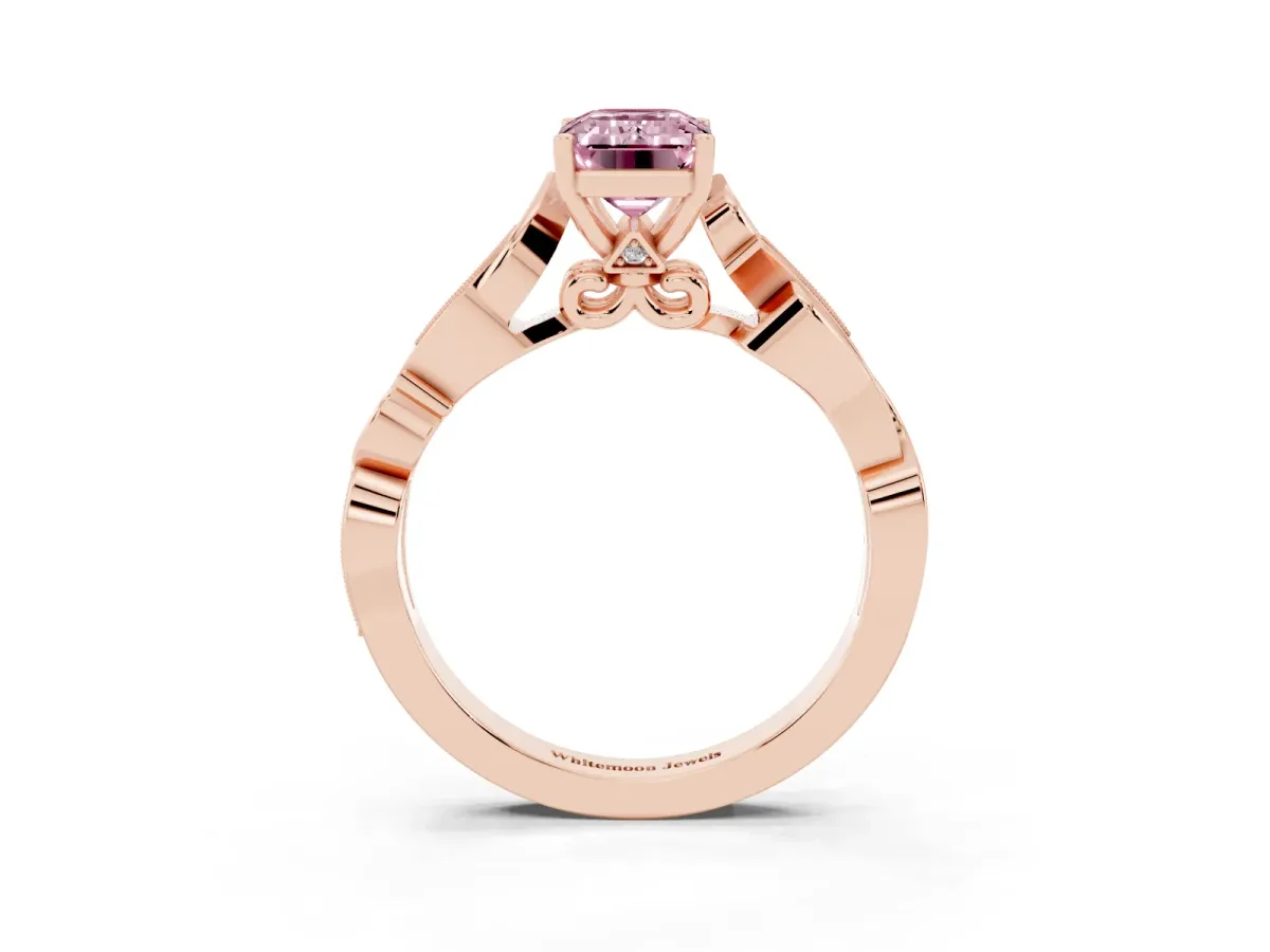 Fancy Pink Emerald Cut Solitaire Vine Band with Milgrain Prong Setting Rose gold