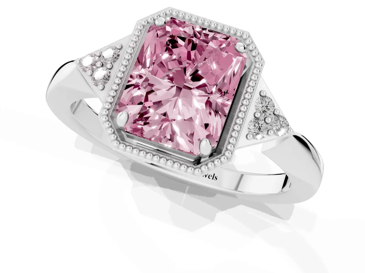 Fancy Pink Hexagonal Halo Radiant Cut Diamond Solitaire with Pavé Band and Four-Prong Setting White gold