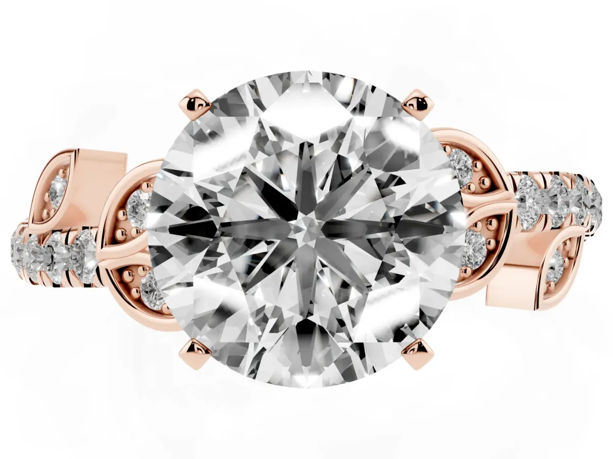 Round Cut Solitaire Leaf-Inspired Diamond Ring with Pavé Band and Four-Prong Setting Rose gold