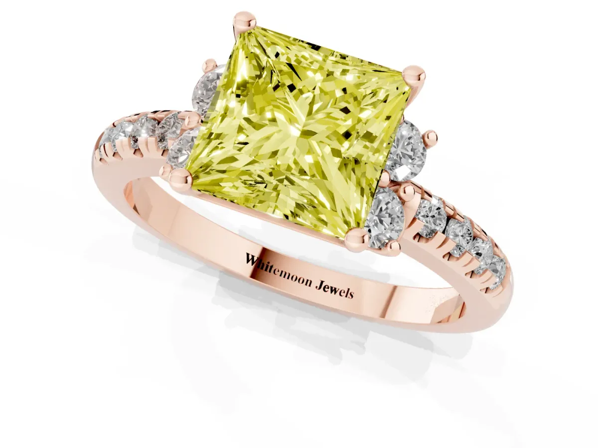 Fancy Yellow Princess Cut Diamond Three-Stone Pave Band with Four-Prong Setting Rose gold