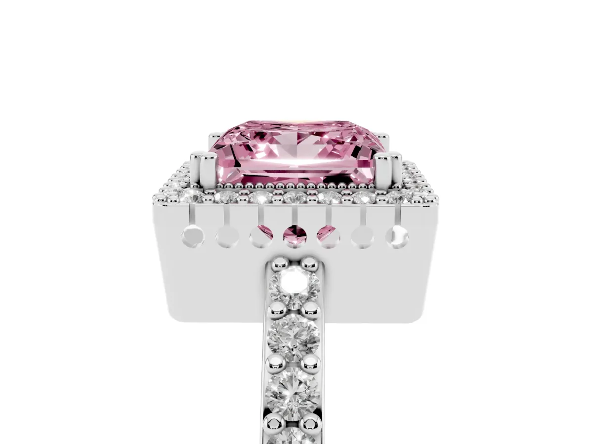 Fancy Pink Princess Cut Cut Diamond Halo Engagement Ring with Milgrain Detail and Pavé Band Silver