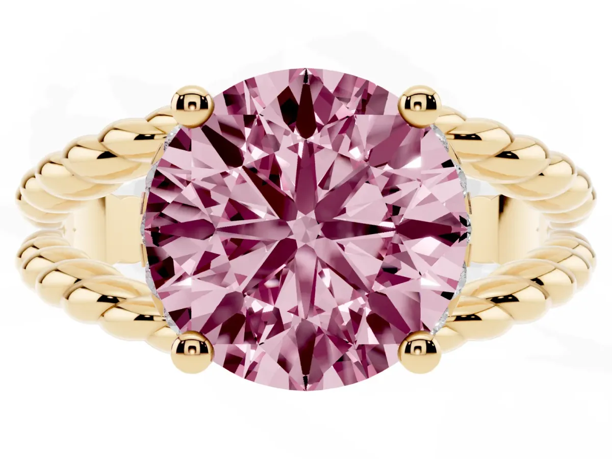 Fancy Pink Round Cut Halo Twisted Band Four-Prong Ring Yellow gold