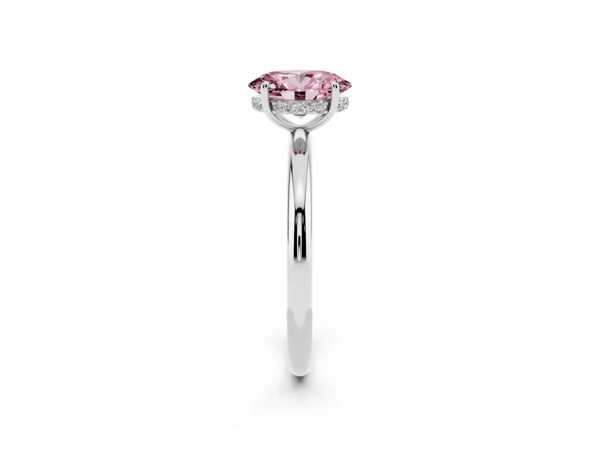 Fancy Pink Oval Cut Diamond Solitaire Ring with Thin Band and Four-Prong Setting Silver