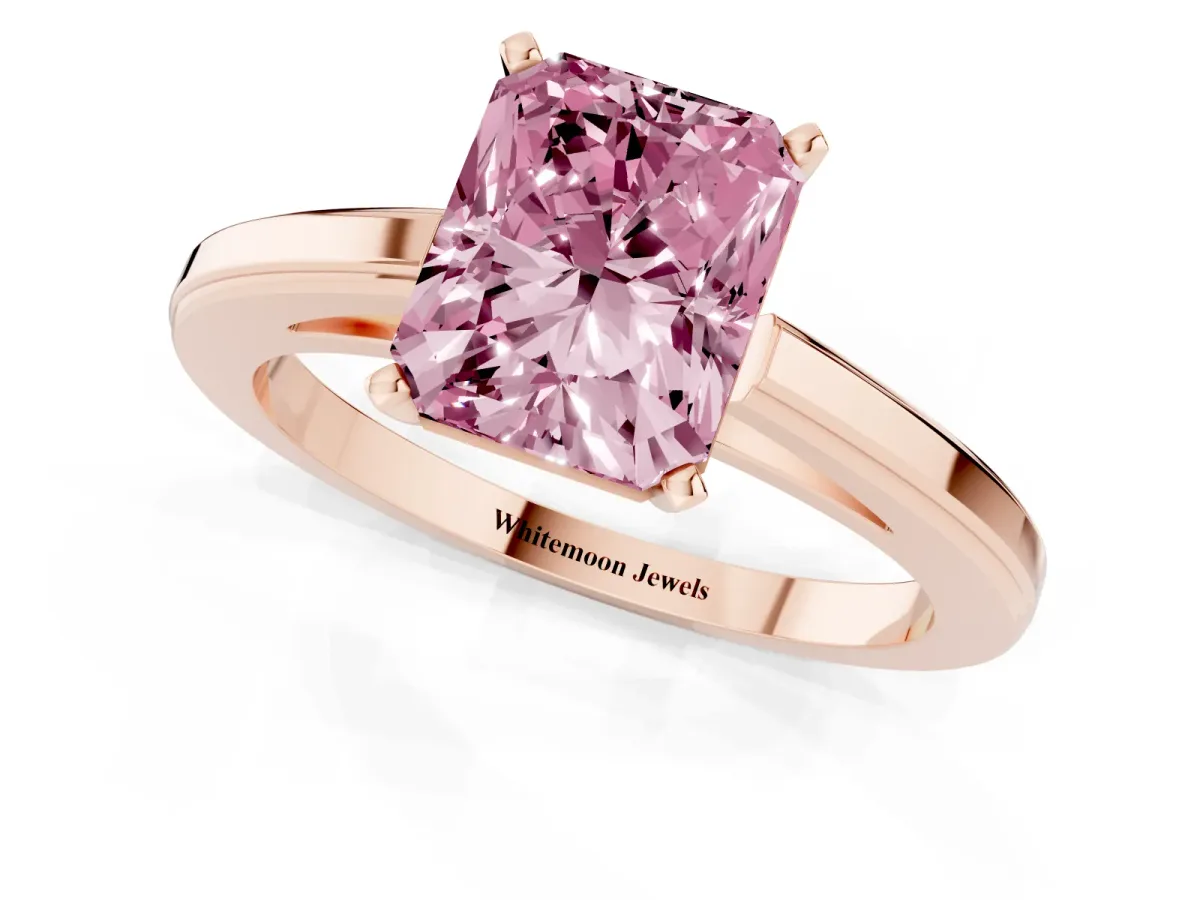 Fancy Pink Radiant Cut Solitaire Diamond Ring with Four-Prong Setting and Classic Band Rose gold