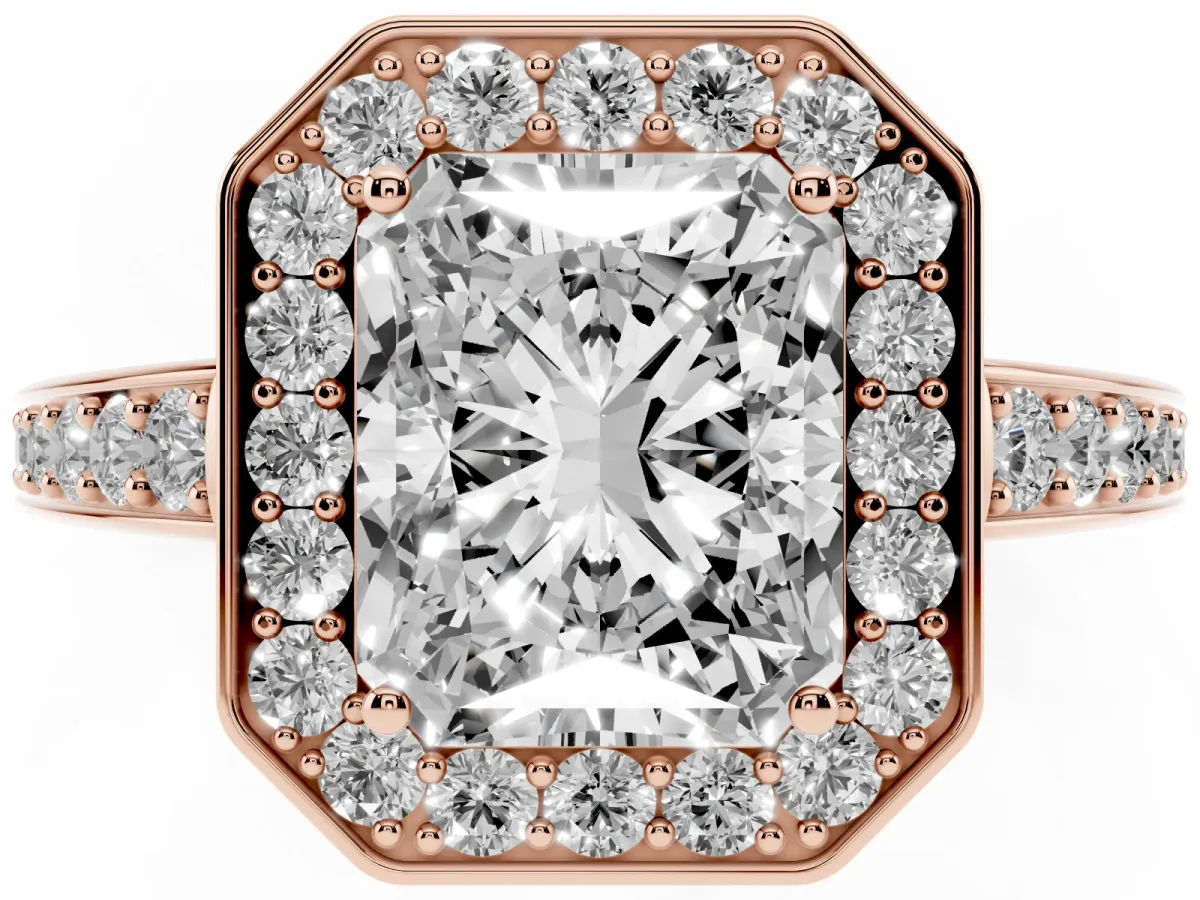 Radiant Cut Halo Pavé Diamond Engagement Ring with Bezel Setting Rose gold