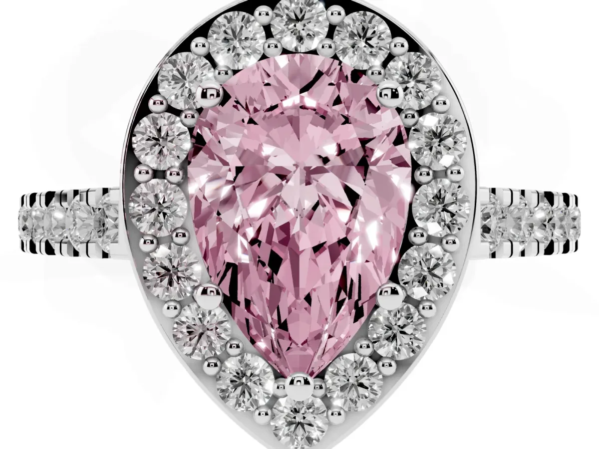 Fancy Pink Pear Cut Diamond Halo Ring with Round Pavé Split Shank and Prong Setting Silver