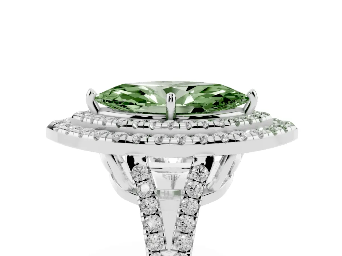 Fancy Green Marquise Cut Diamond Double Halo Ring with Pavé Band and Prong Setting Platinum