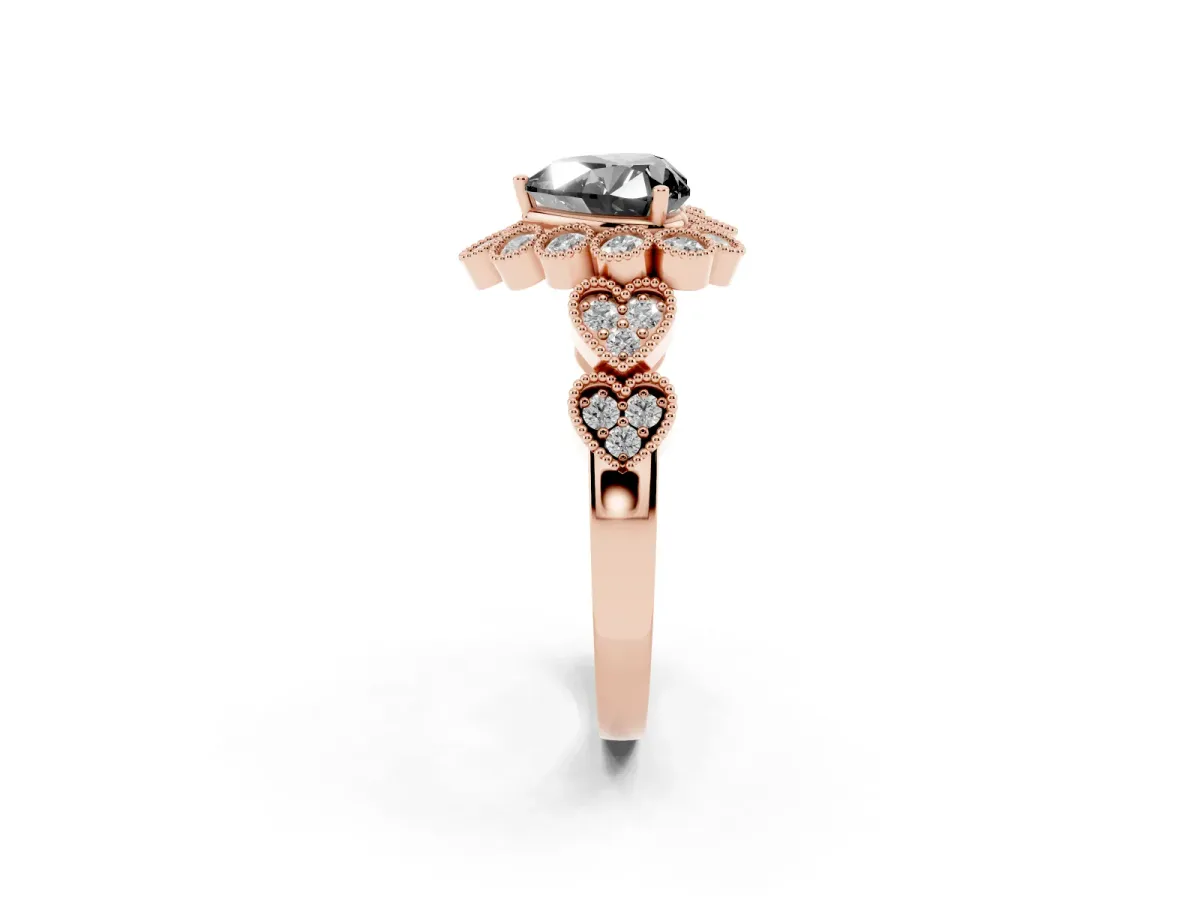 Fancy Black Heart Cut Brilliant Milgrain Pave Heart Band Solitaire Ring Rose gold