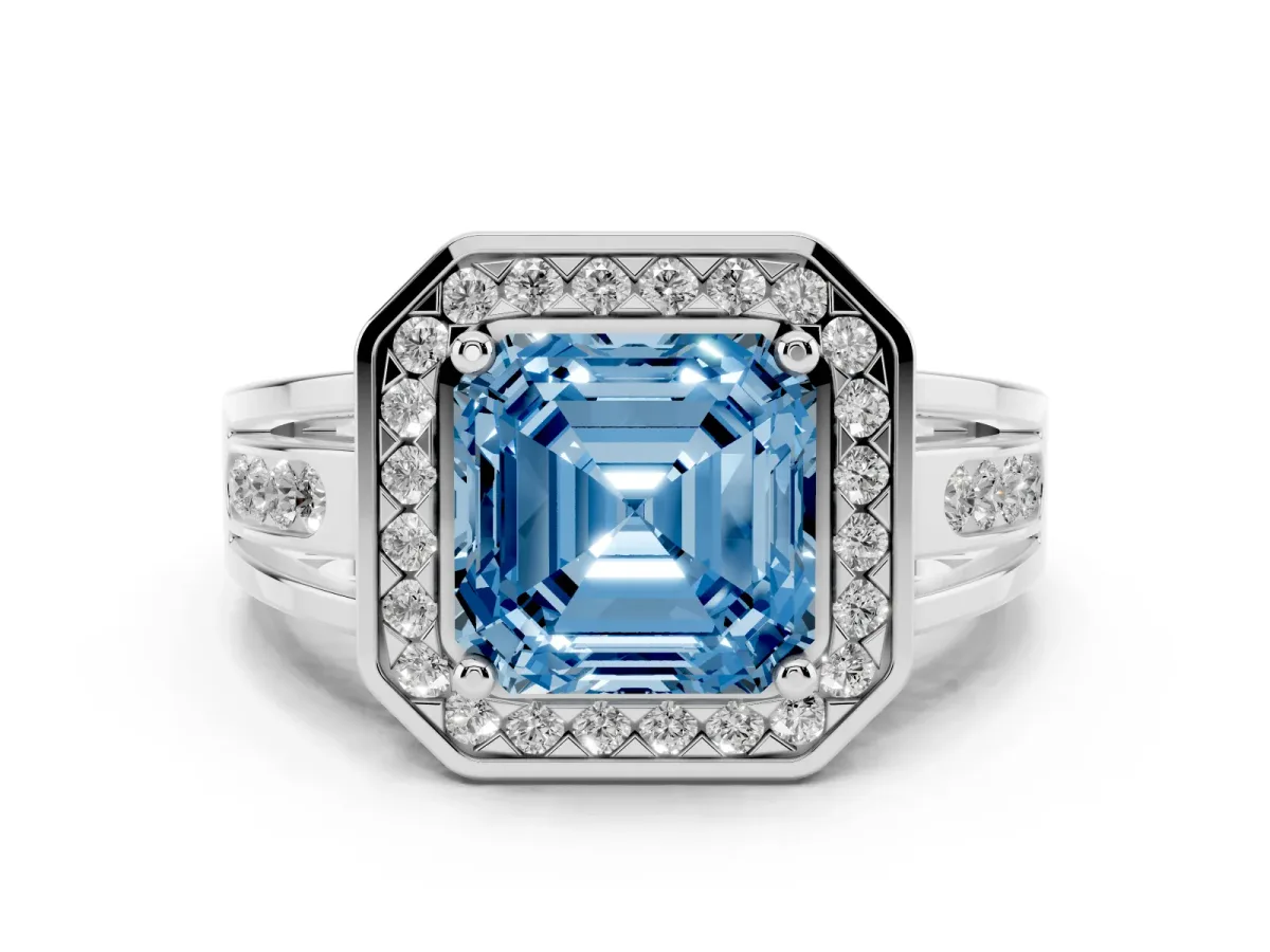 Fancy Blue Asscher Cut Diamond Halo Ring with Split Shank and Bezel Accents and Prong Setting Silver