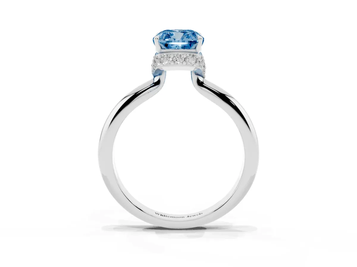 Fancy Blue Cushion Cut Brilliant Solitaire Engagement Ring with Six-Prong Setting and Classic Band White gold
