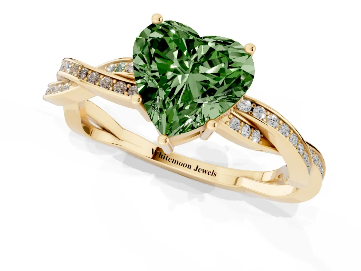 Fancy Green Heart Cut Solitaire Twisted Pave Diamond Ring with Four-Prong Setting Yellow gold