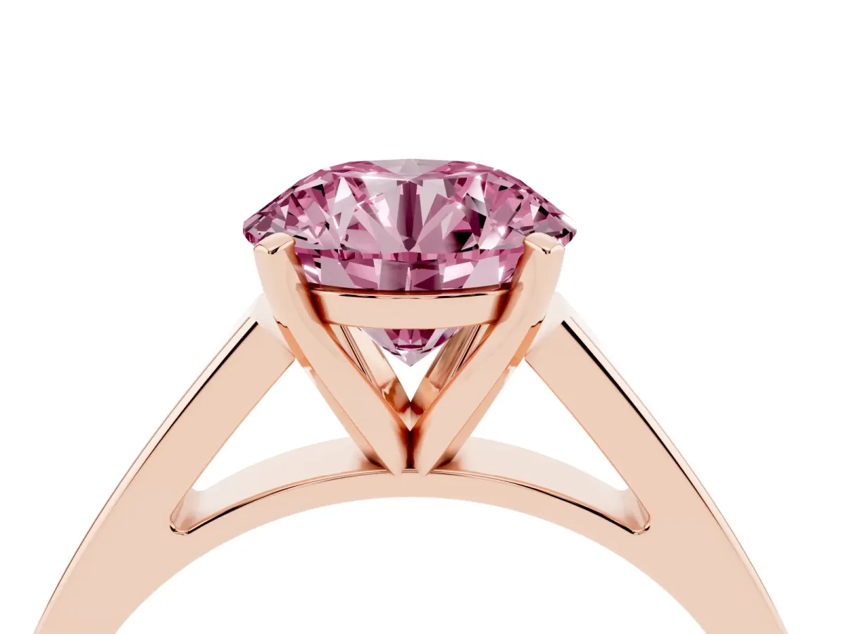 Fancy Pink Round Cut Solitaire Engagement Ring with Four-Prong Setting and Tapered Band Rose gold