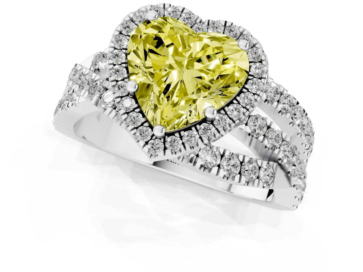 Fancy Yellow Heart Cut Diamond Halo Ring with Round Split Shank and Prong Setting Silver