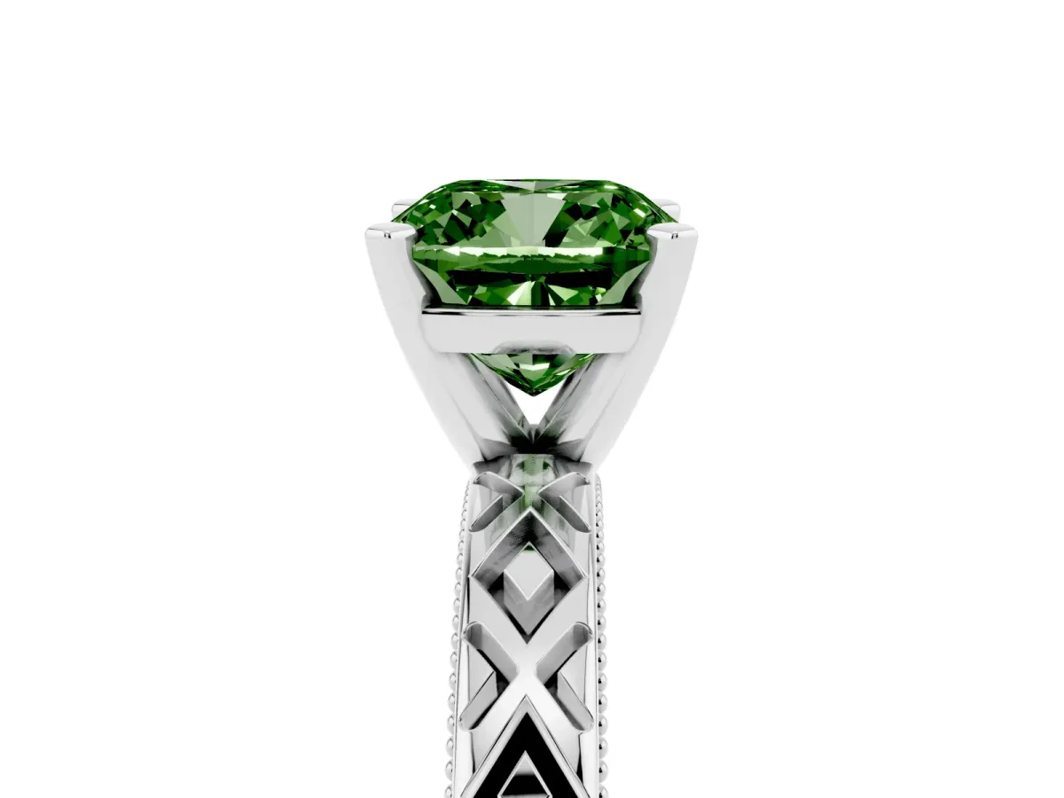 Fancy Green Cushion Cut Solitaire Diamond Ring with Milgrain and Black Enamel X Pattern Band Silver
