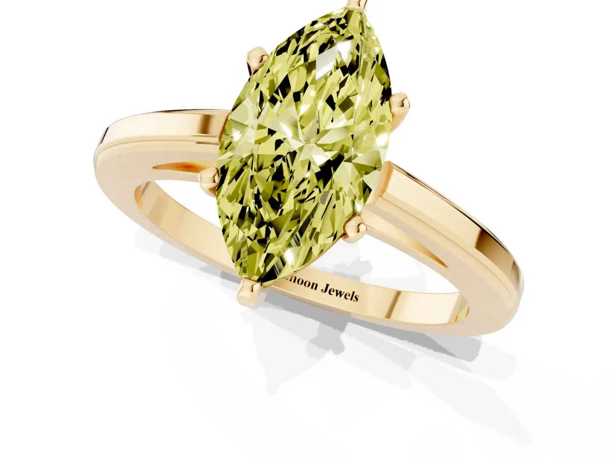 Fancy Yellow Marquise Cut Solitaire Diamond Ring with Four-Prong Setting and Classic Band Yellow gold