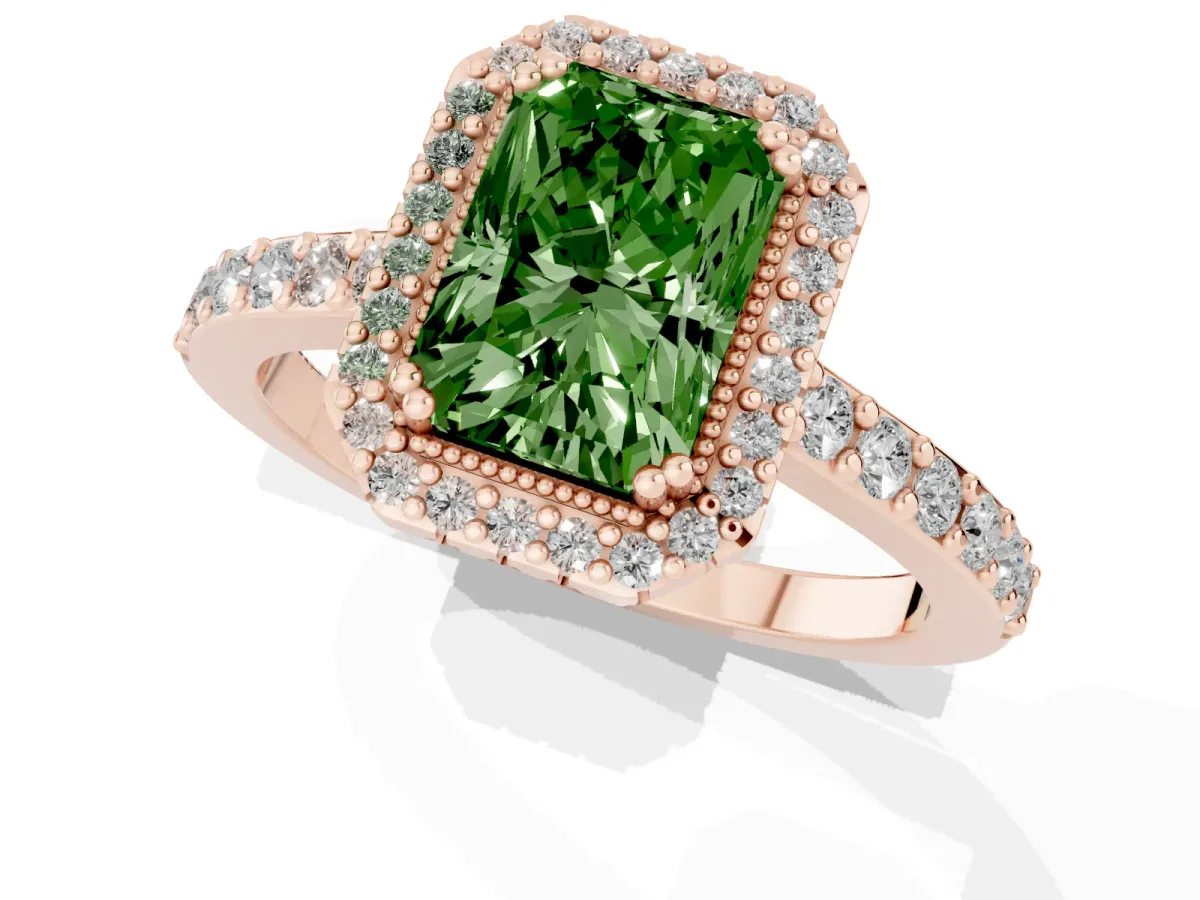 Fancy Green Radiant Cut Cut Diamond Halo Engagement Ring with Milgrain Detail and Pavé Band Rose gold