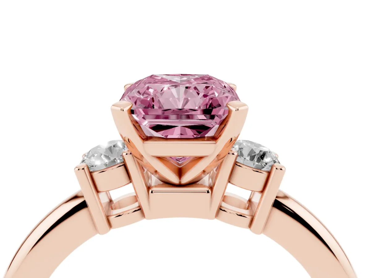 Fancy Pink Three-Stone Radiant Cut Cut Diamond Solitaire with Prong Setting and Classic Band Rose gold