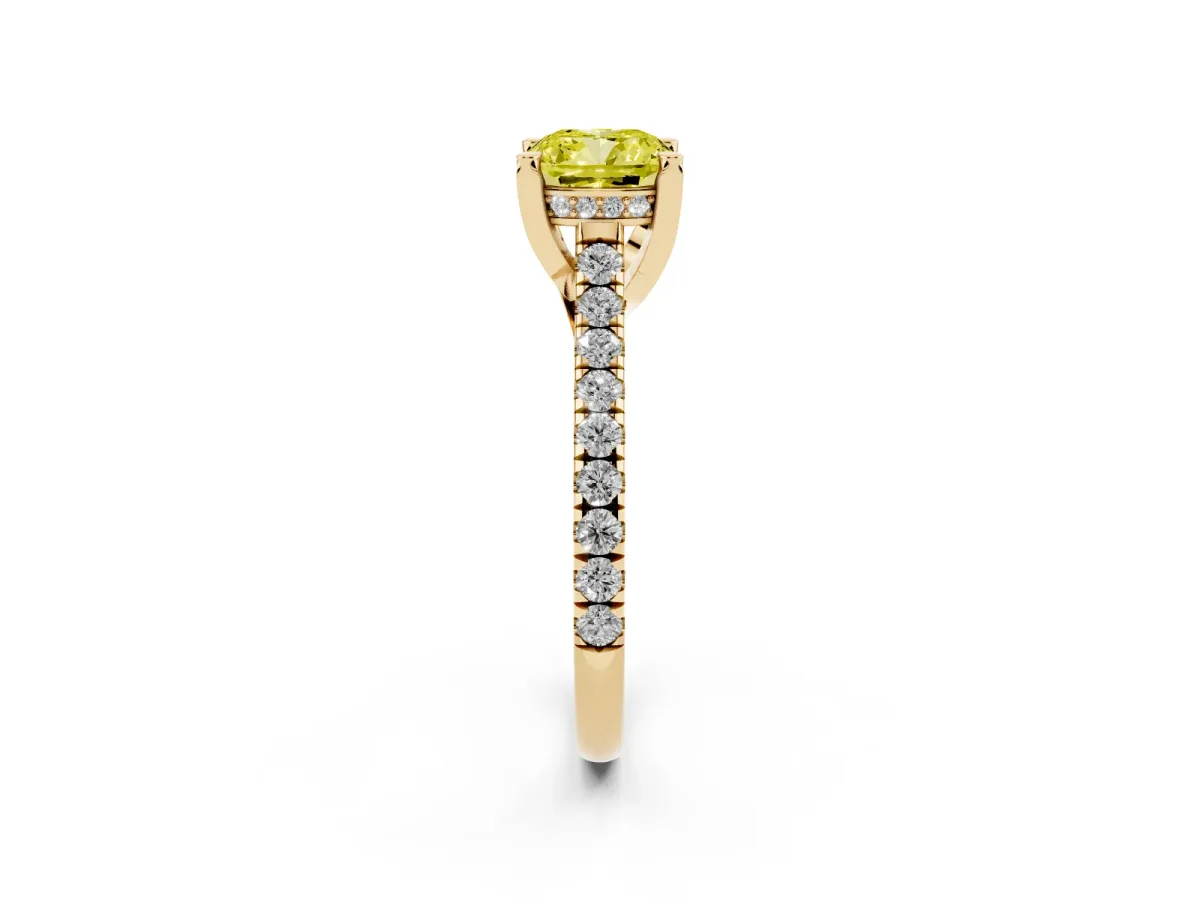 Fancy Yellow Cushion Cut Brilliant Diamond Solitaire with Pavé Band and Four-Prong Setting Yellow gold