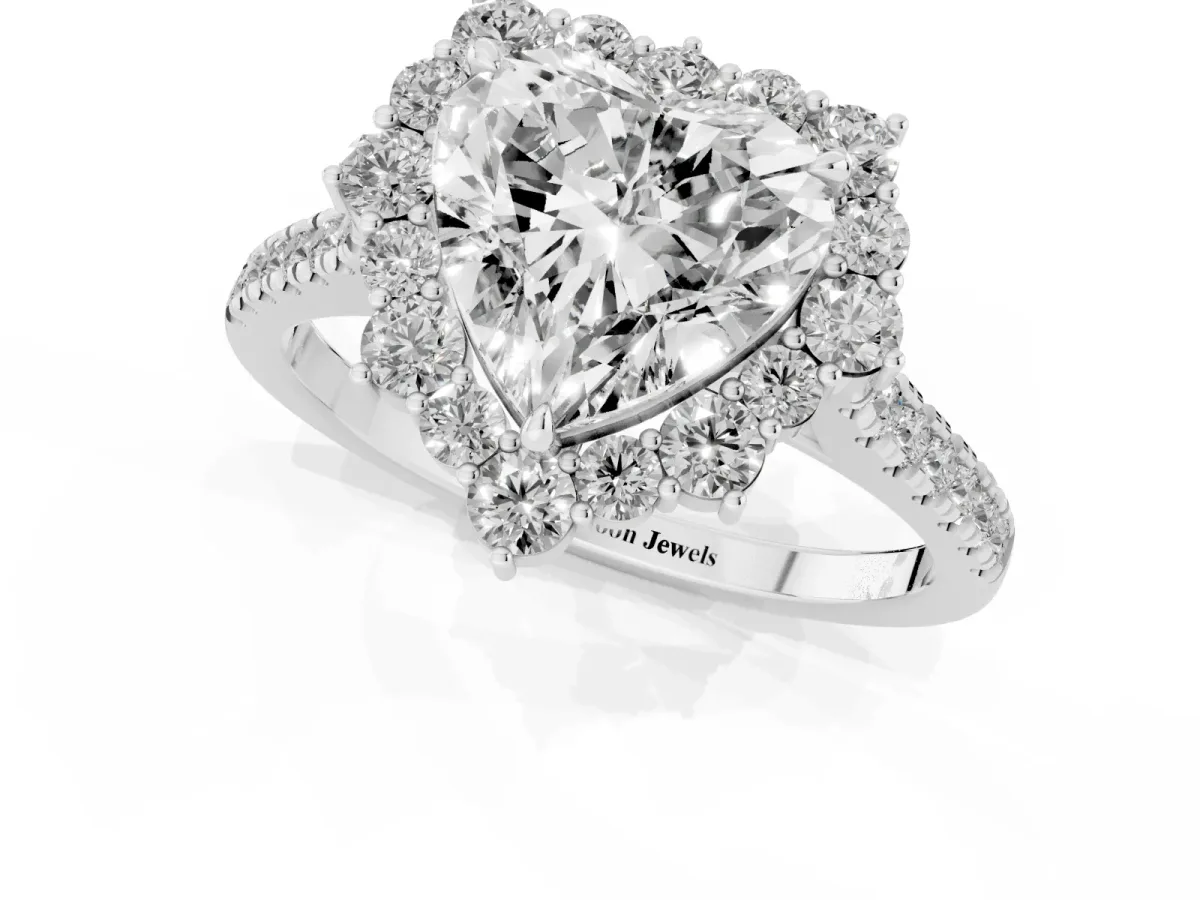 Heart Cut Halo Diamond Ring with Pavé Band and Prong Setting Silver