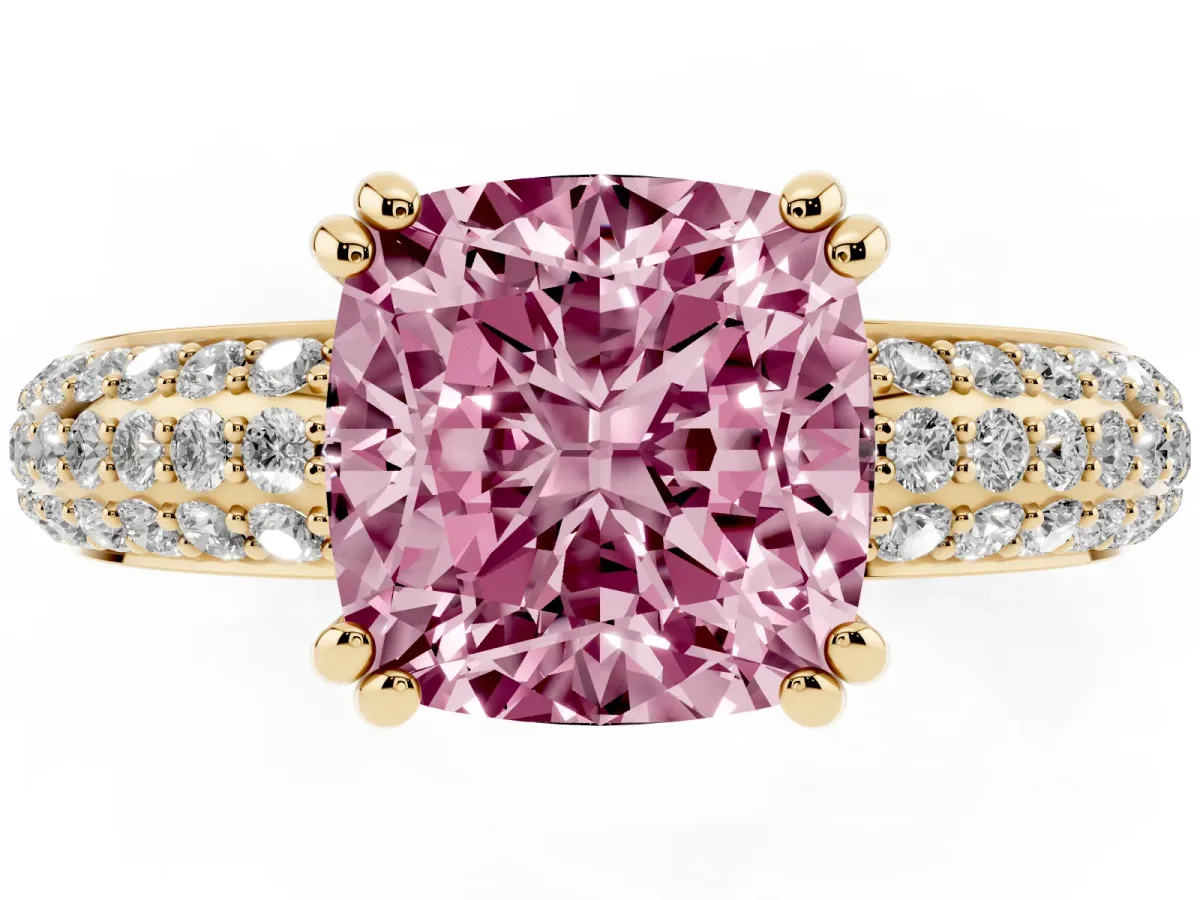 Fancy Pink Cushion Cut Diamond Solitaire Ring with Multi-Row Round Pavé Band and Prong Setting Yellow gold