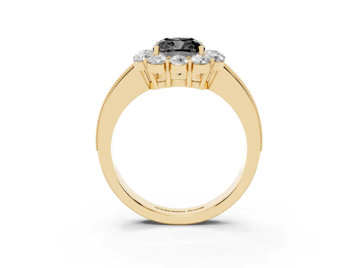 Fancy Black Cushion Cut Cut Halo Diamond Pavé Engagement Ring with Milgrain Detailing Yellow gold