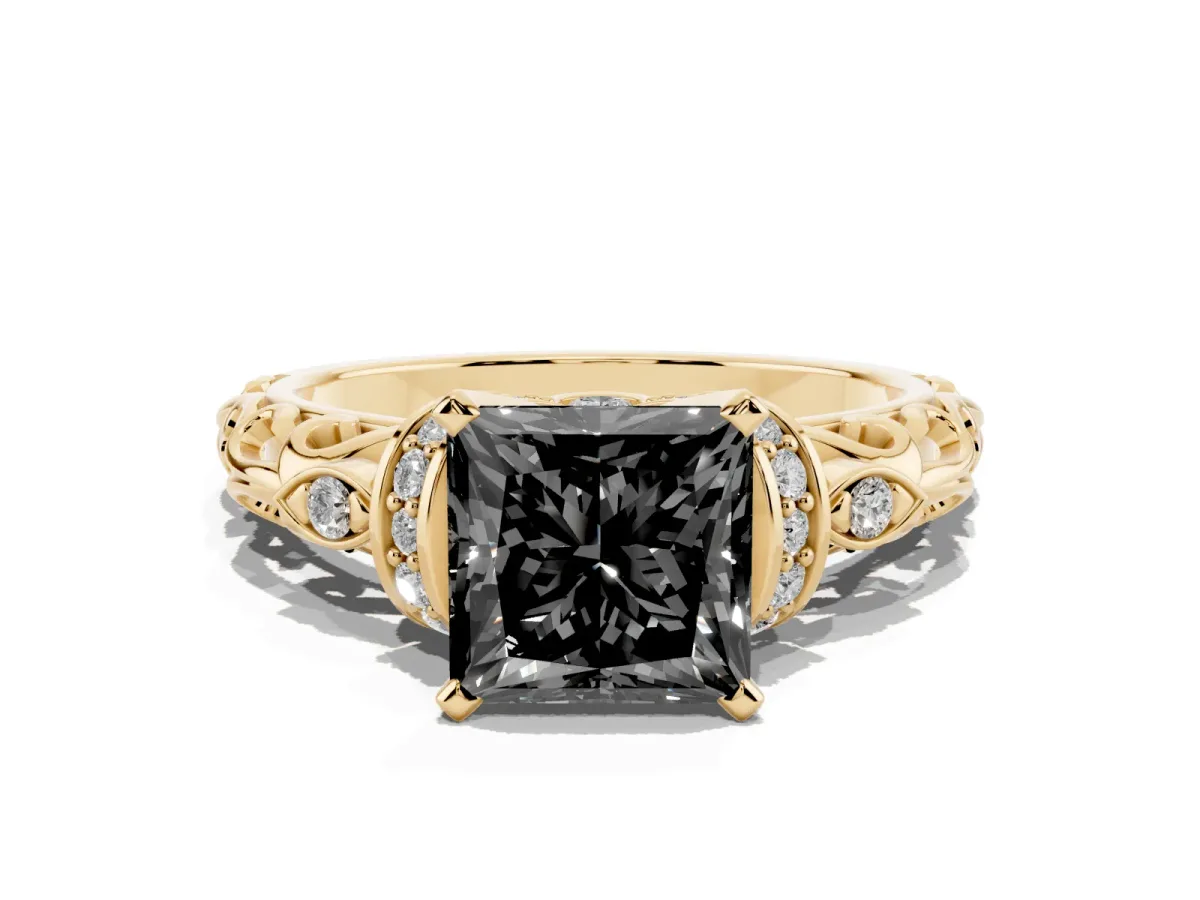 Fancy Black Princess Cut Diamond Solitaire Ring with Filigree Band and Four-Prong Setting Yellow gold