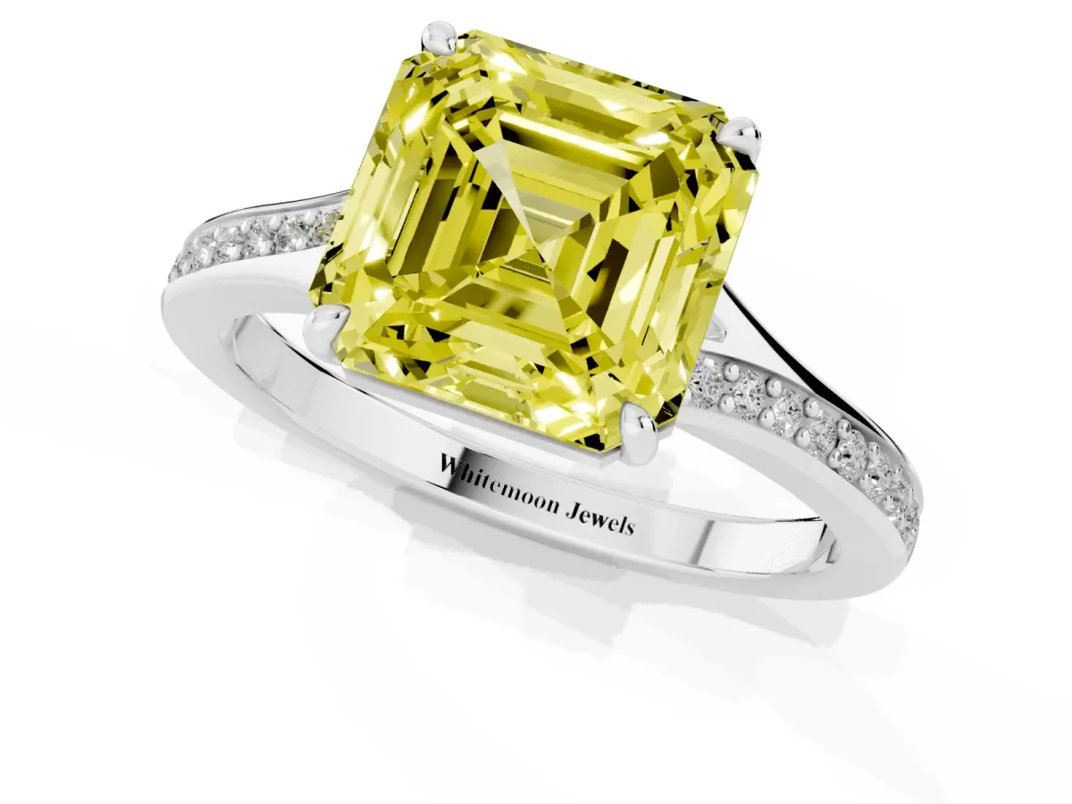 Fancy Yellow Asscher Cut Diamond Solitaire Ring with Pavé Band and Prong Setting Silver