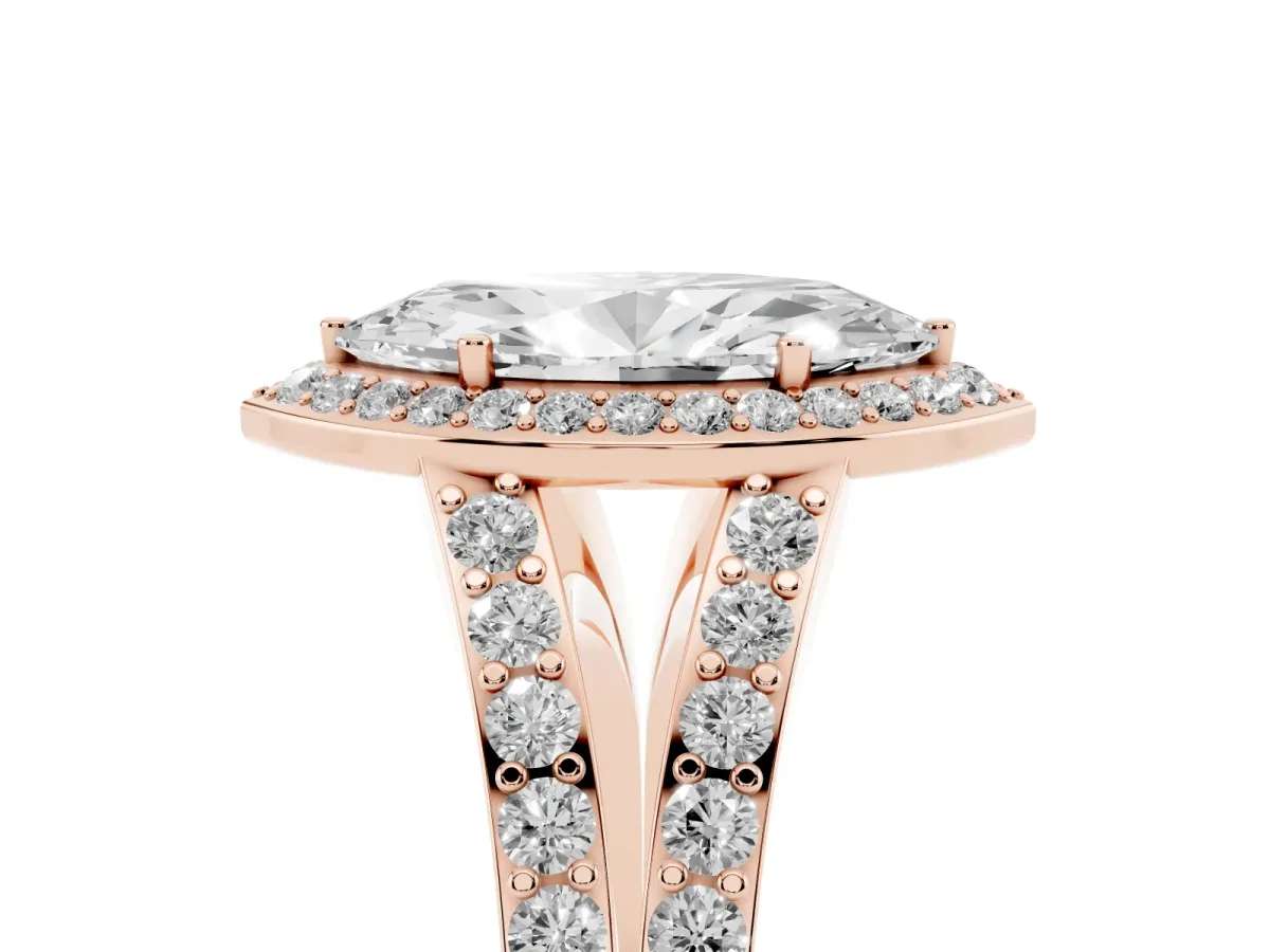 Marquise Cut Diamond Split Shank Halo Ring with Four-Prong Setting Rose gold