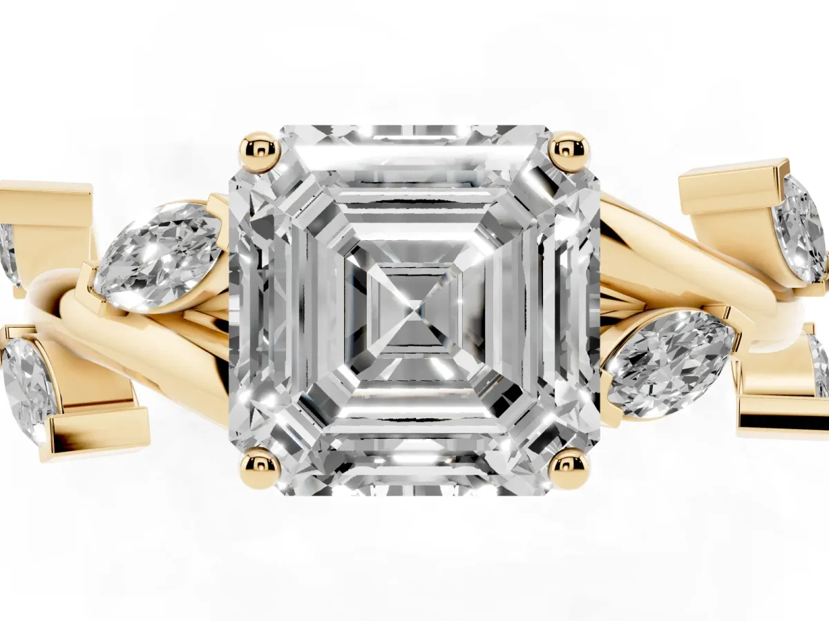 Asscher Cut Solitaire Twisted Band Marquise Accent Prong Setting Ring Yellow gold