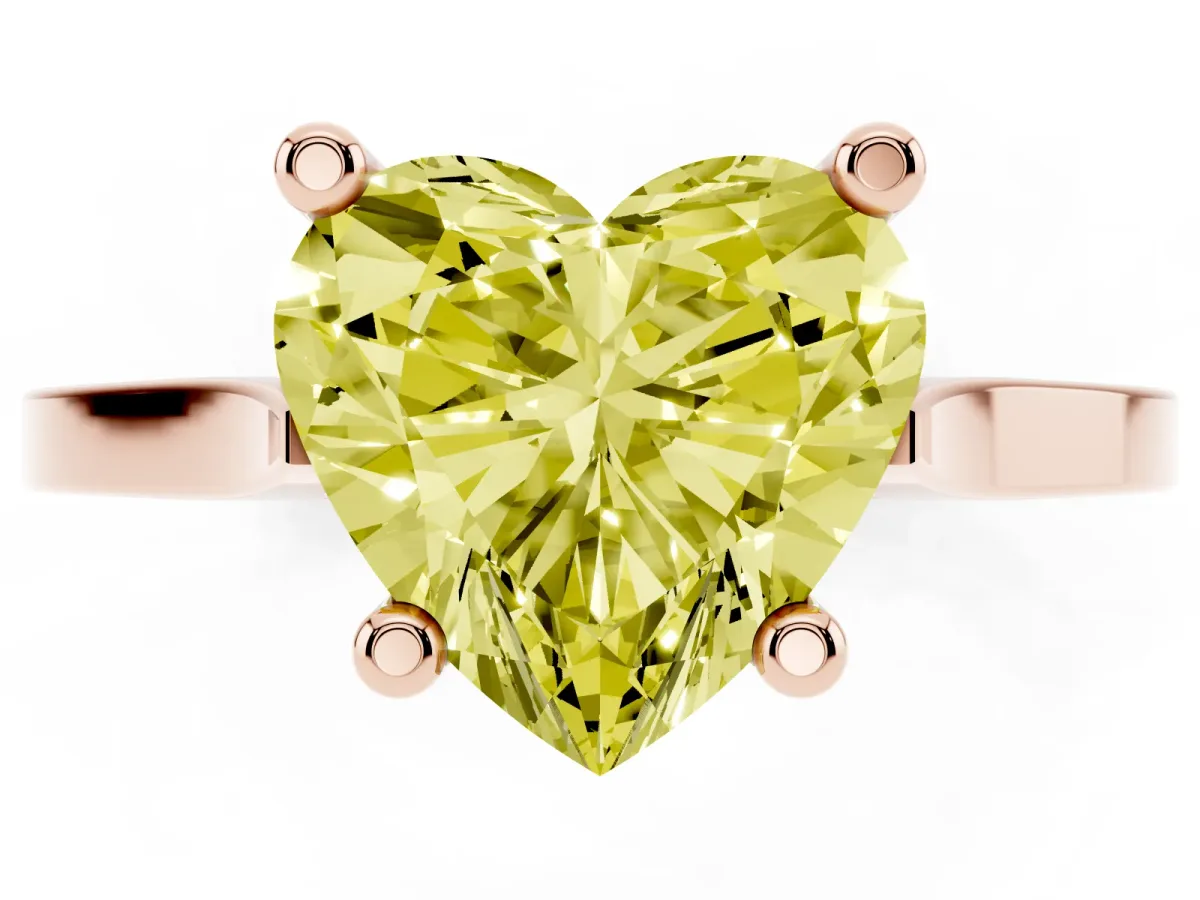 Fancy Yellow Heart Cut Solitaire Diamond Ring with Four-Prong Setting and Tapered Band Rose gold