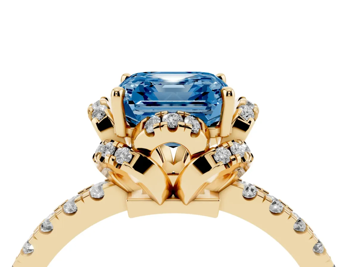 Fancy Blue Asscher Cut Diamond Halo Pave Band with Four-Prong Setting Yellow gold