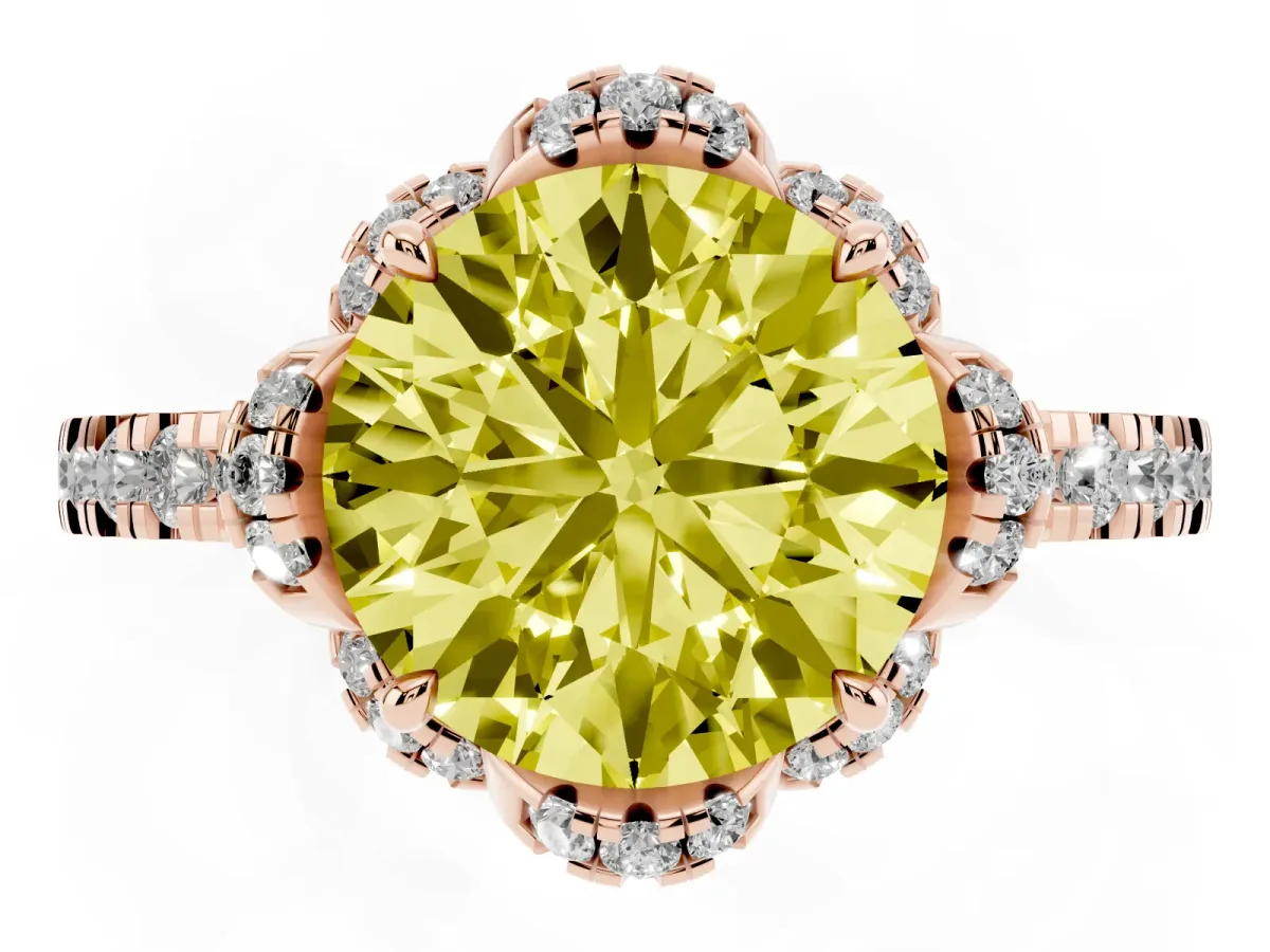 Fancy Yellow Round Cut Diamond Halo Pave Band with Four-Prong Setting Rose gold