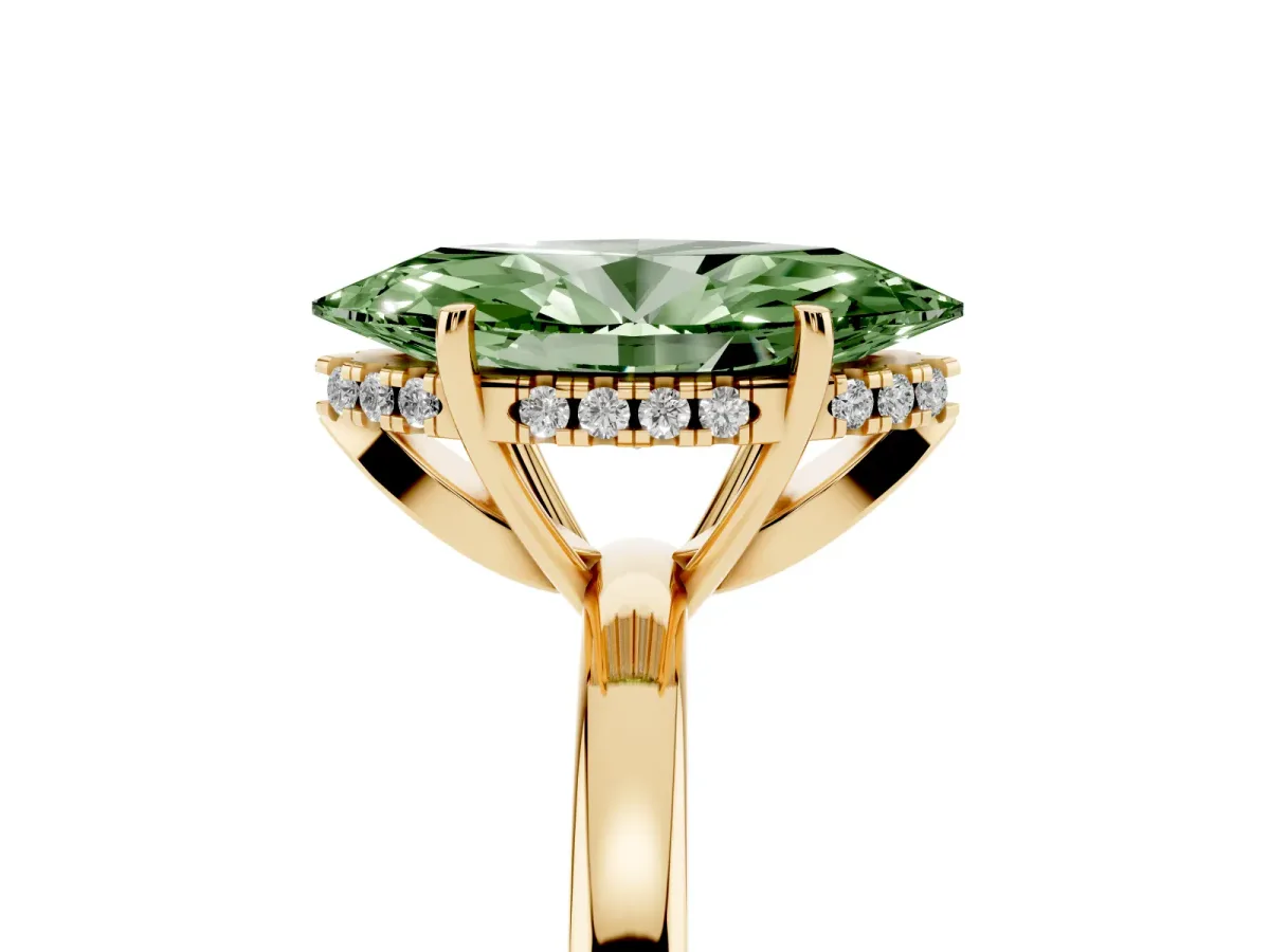 Fancy Green Marquise Cut Solitaire Diamond Ring with Prong Setting and Plain Band Yellow gold