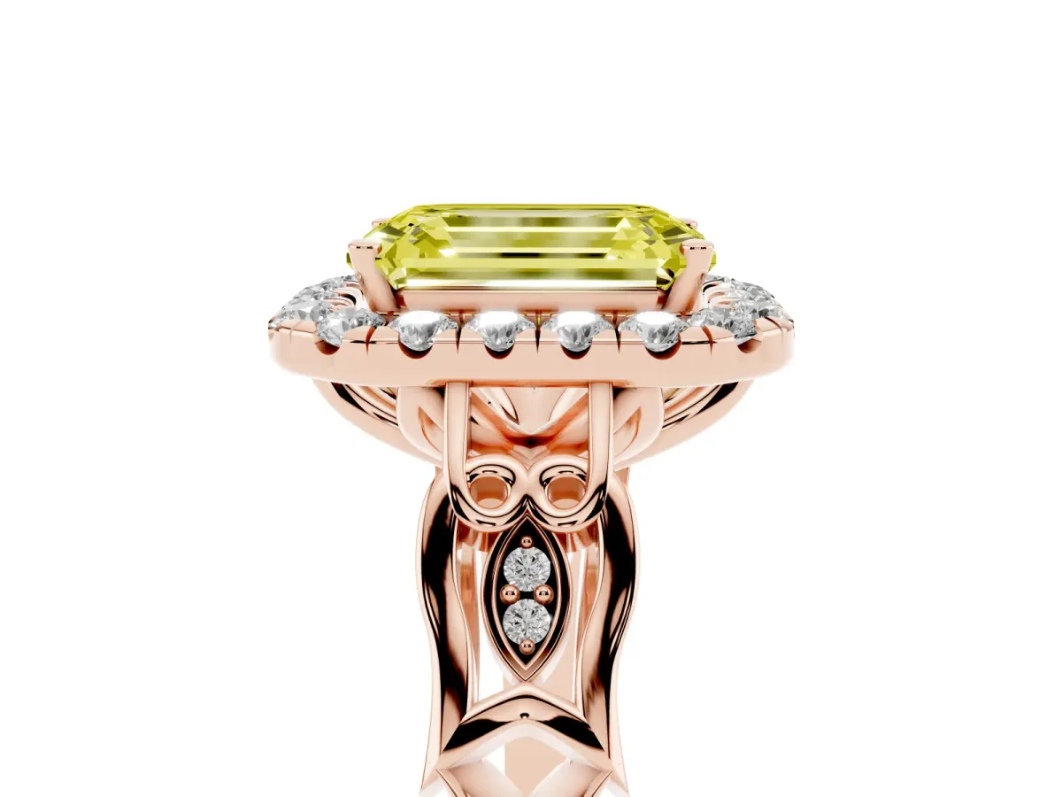 Fancy Yellow Emerald Cut Halo Diamond Engagement Ring with Filigree Band and Four-Prong Setting Rose gold