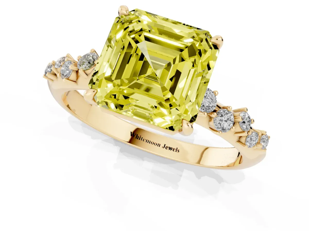 Fancy Yellow Asscher Cut Diamond Cluster Side Stone Solitaire Ring with Prong Setting Yellow gold