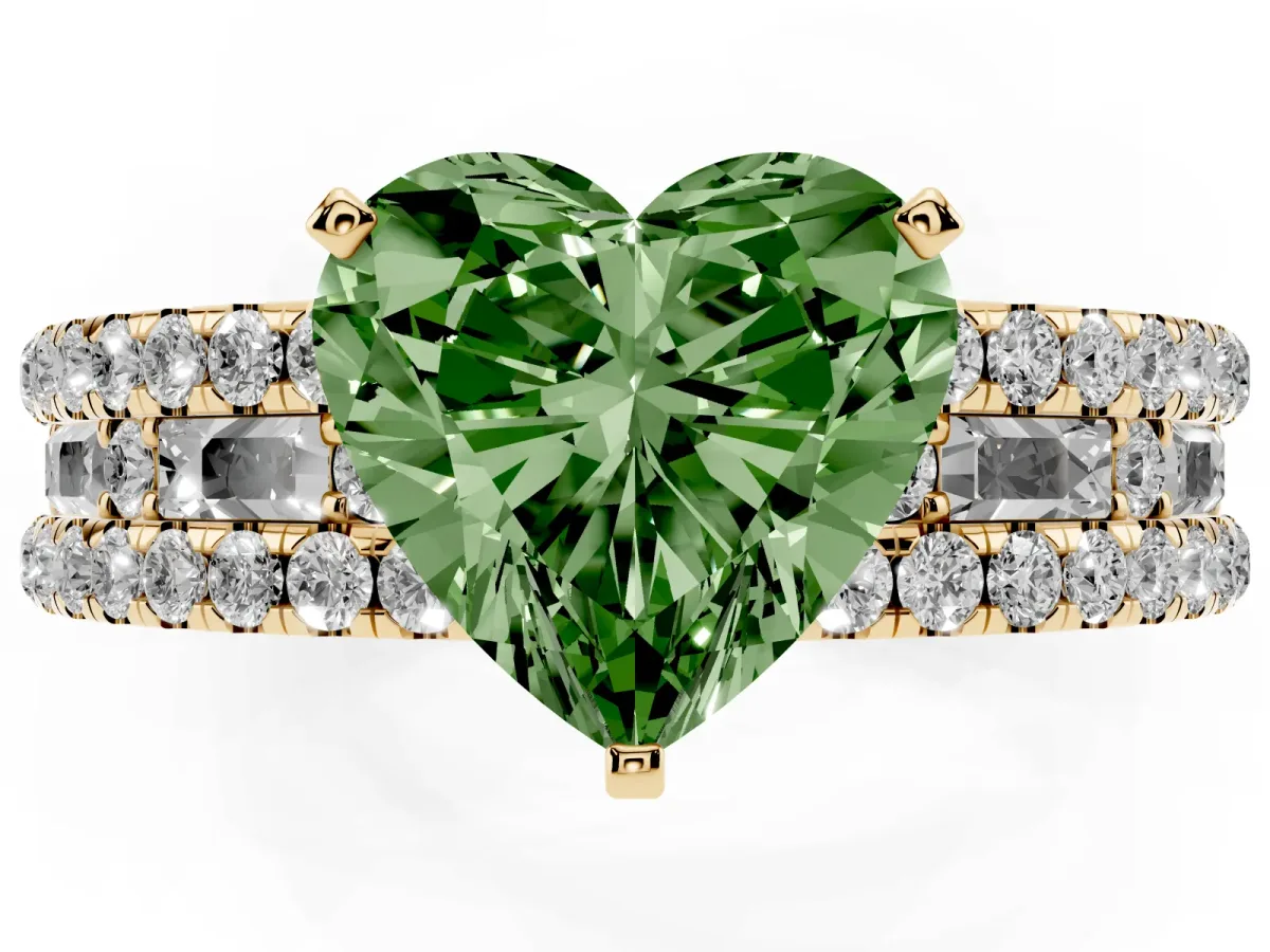 Fancy Green Heart Cut Diamond Solitaire Ring with Pavé and Channel Set Band Yellow gold