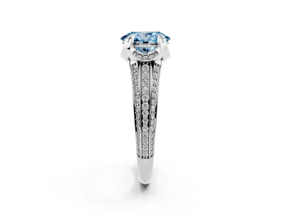 Fancy Blue Oval Cut Solitaire Pave Split Shank Ring with Four-Prong Setting White gold