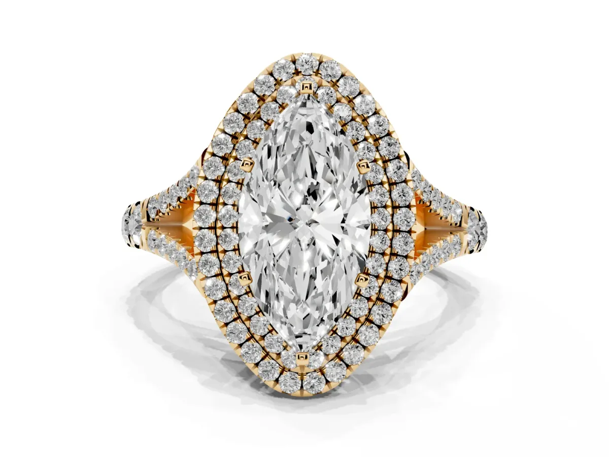 Marquise Cut Cut Double Halo Split Shank Diamond Ring with Prong Setting Yellow gold