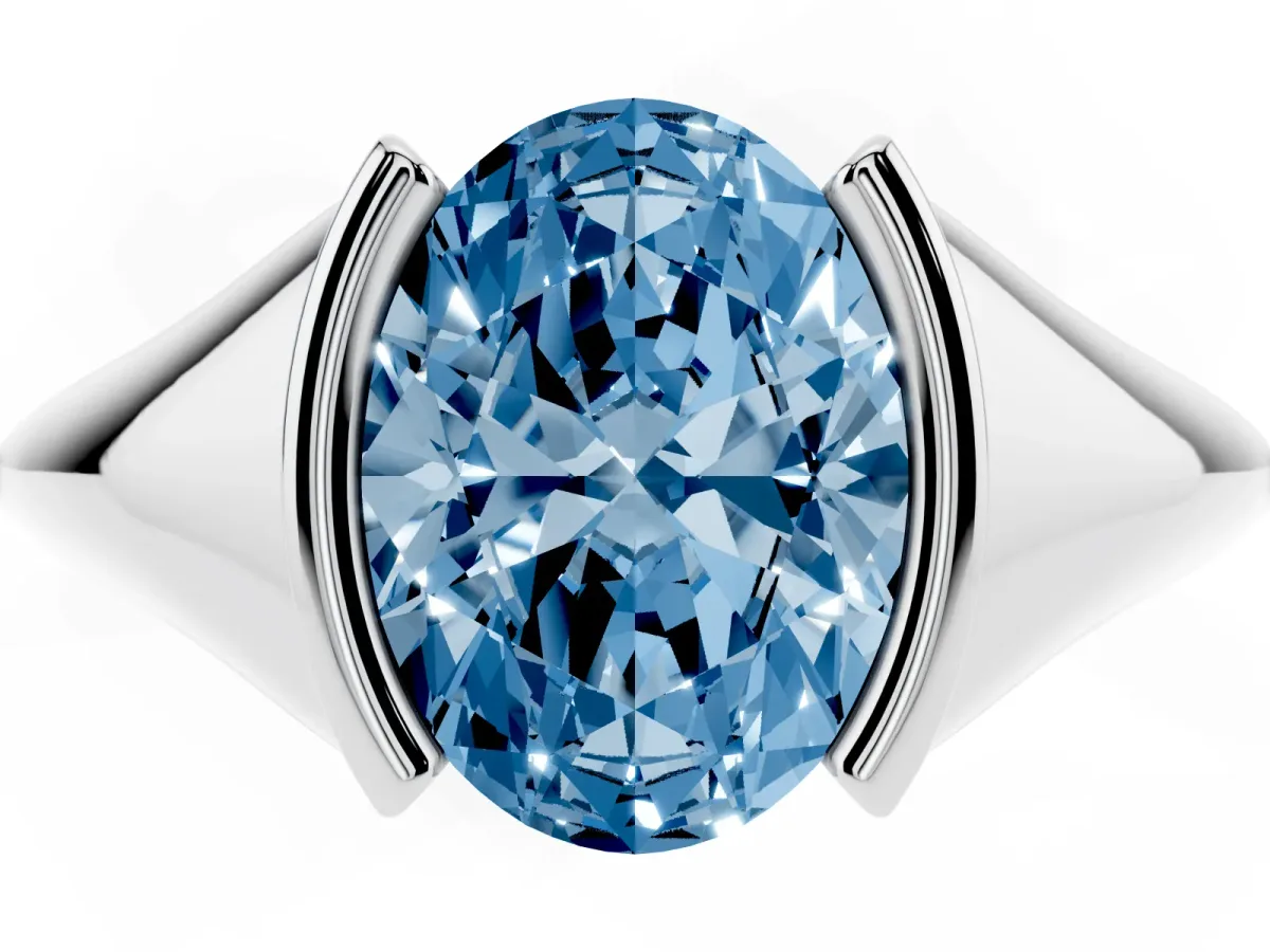 Fancy Blue Oval Cut Solitaire Tension Set Diamond Ring Silver