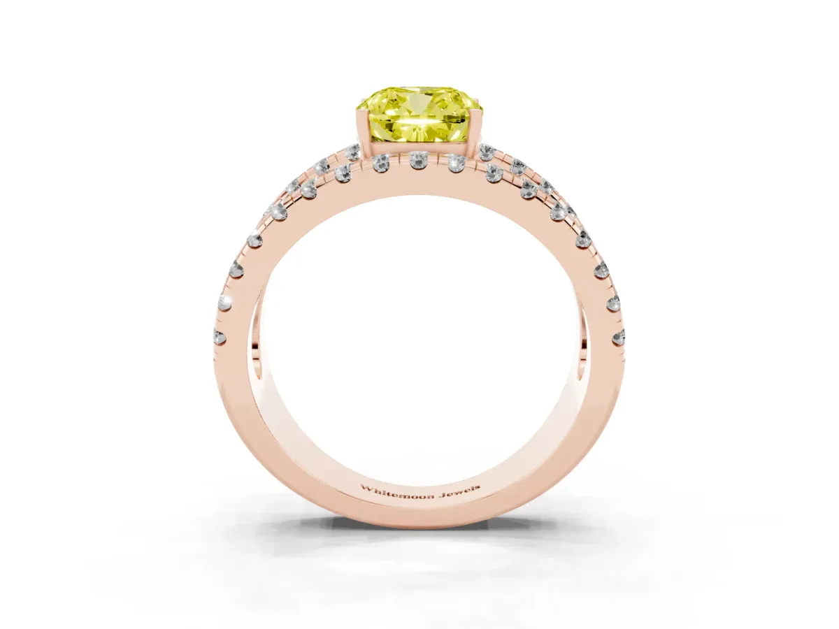 Fancy Yellow Cushion Cut Solitaire Split Shank Pave Diamond Ring Rose gold
