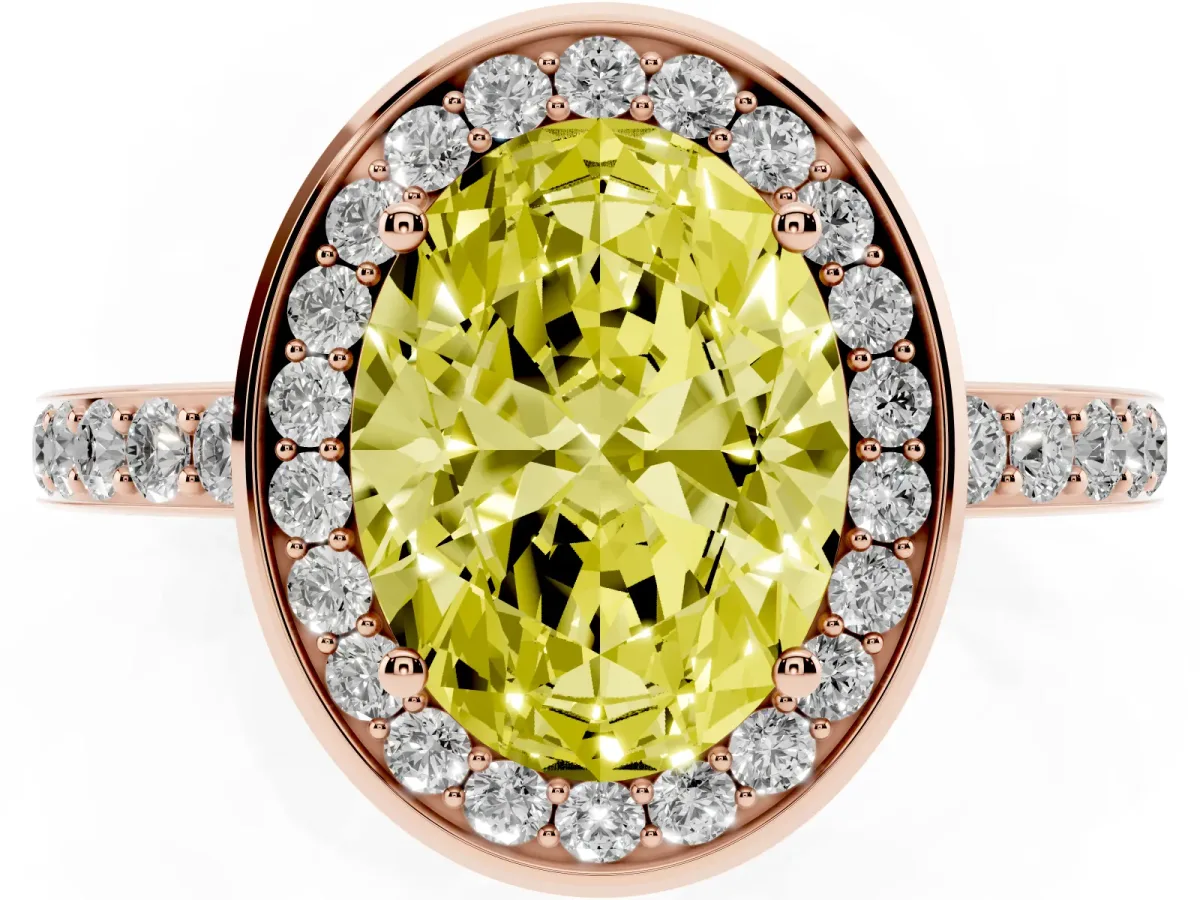 Fancy Yellow Oval Cut Diamond Halo Ring with Bezel Frame and Pavé Band Rose gold