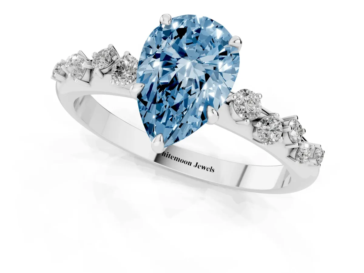 Fancy Blue Pear Cut Diamond Cluster Prong-Set Solitaire Ring Silver