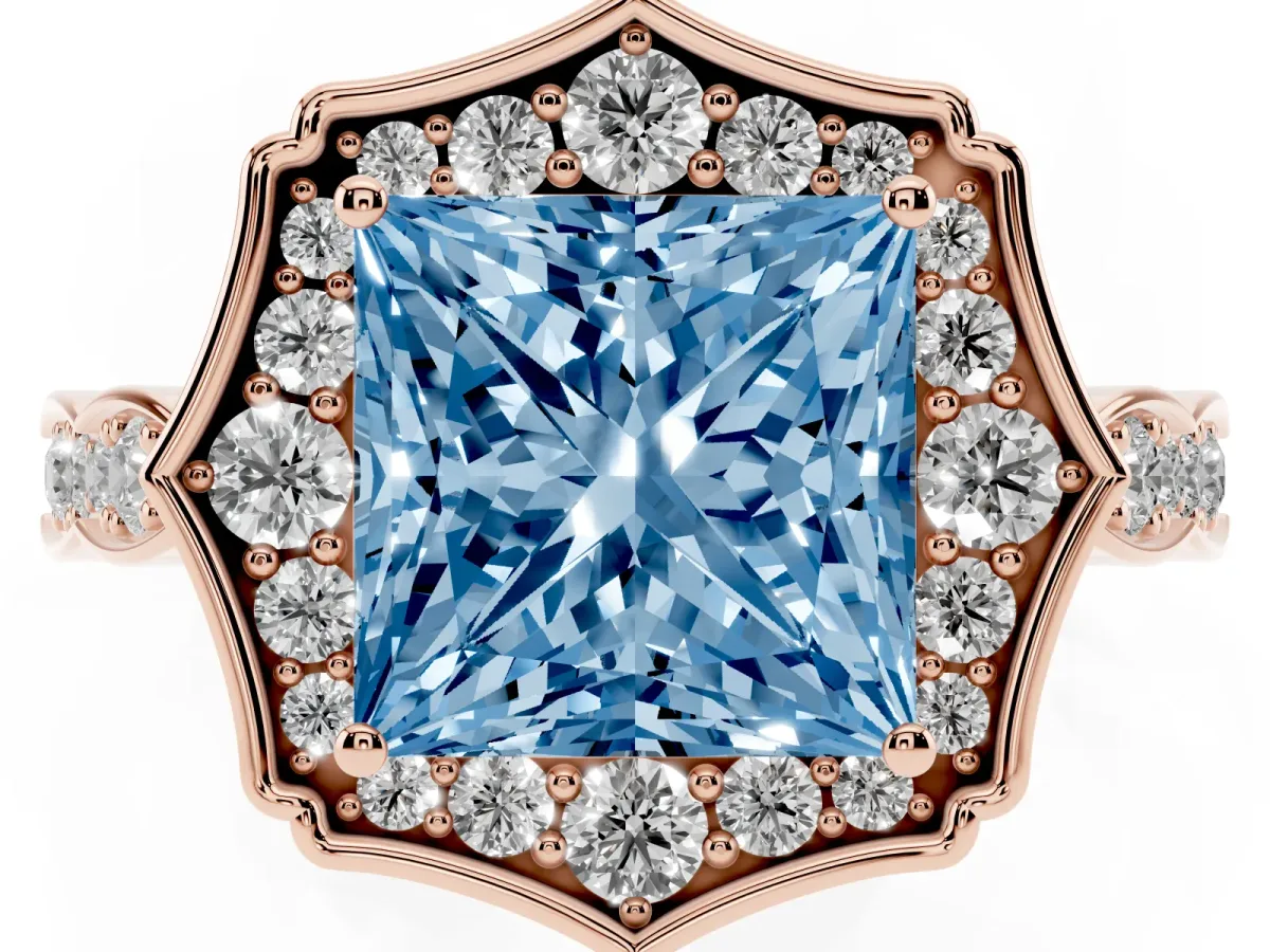 Fancy Blue Princess Cut Halo Diamond Engagement Ring with Milgrain Band and Four-Prong Setting Rose gold