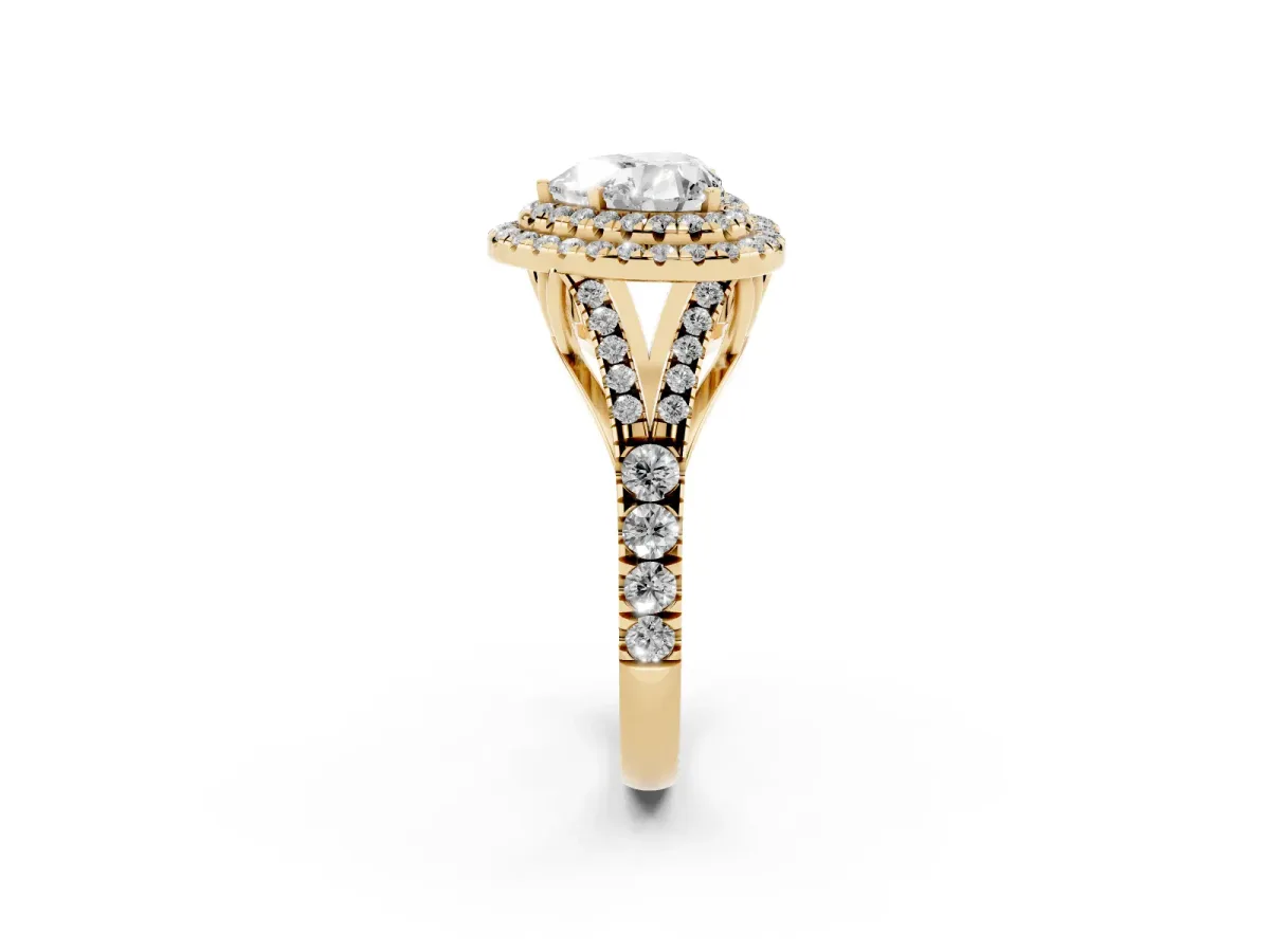 Heart Cut Cut Double Halo Split Shank Diamond Ring with Prong Setting Yellow gold