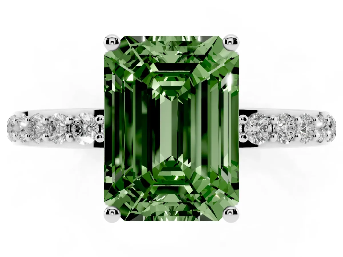 Fancy Green Emerald Cut Diamond Solitaire Ring with Pavé Band and Hidden Halo Silver