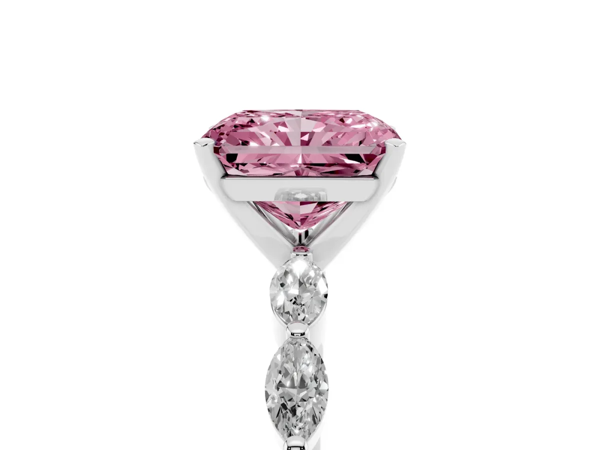 Fancy Pink Radiant Cut Diamond Ring with Marquise Side Stones and Prong Setting Platinum